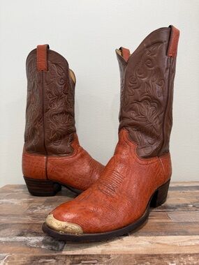 VNTG JUSTIN Leather Two Tone Brown Ranch Gold Toe Caps Cowboy Boots USA (11.5 D)
